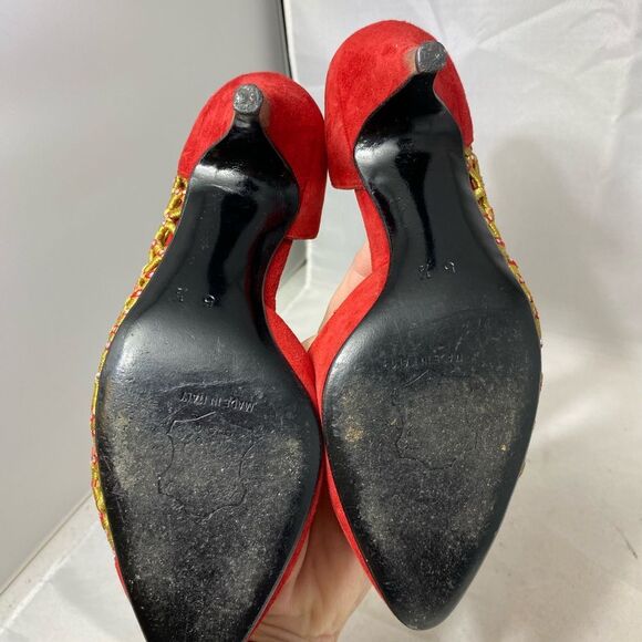 Vintage Mario Giordano Shoes Womens Size 5.5 Red Gold Sling Back 3" Heels - Picture 6 of 8